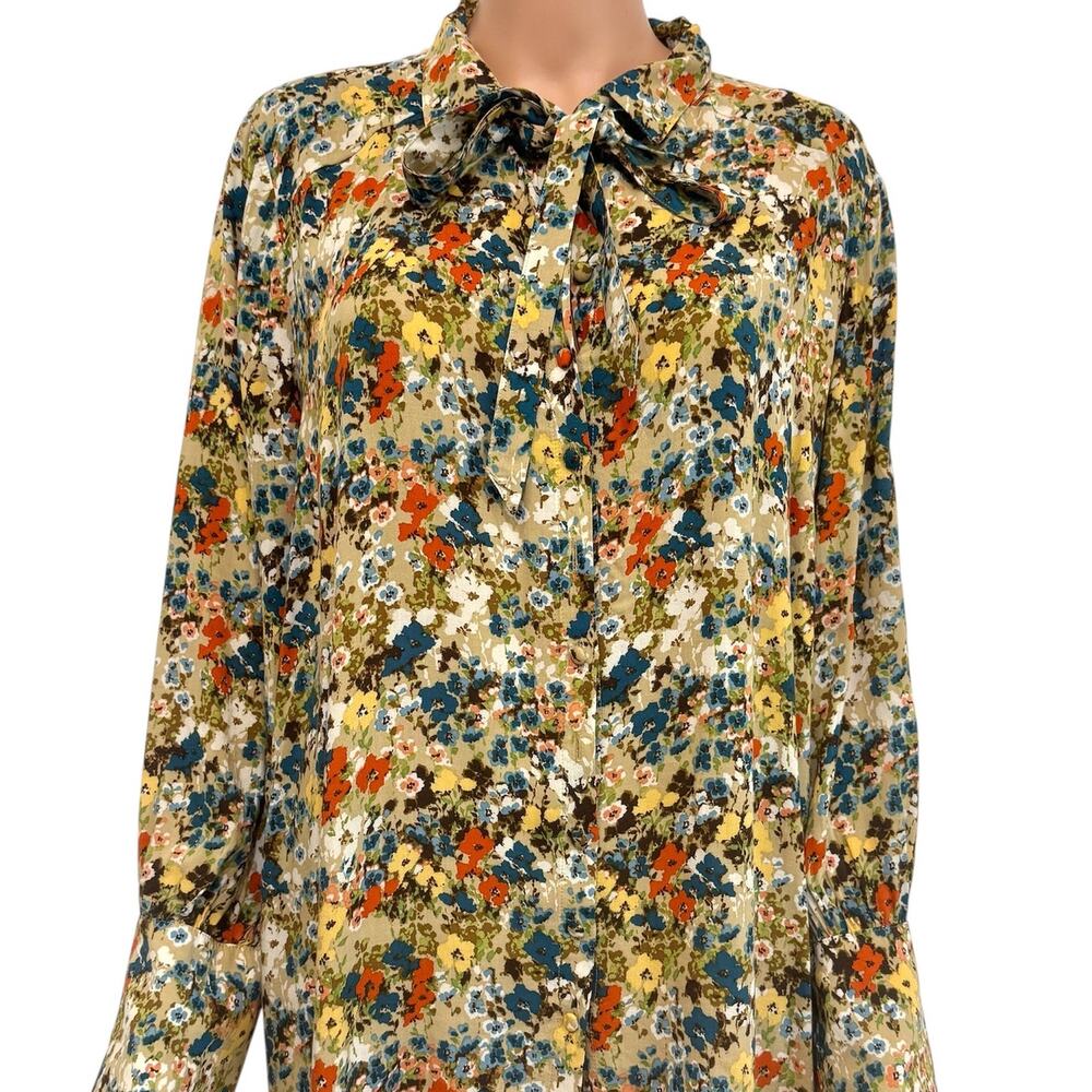 J.Jill large Wheat Painterly tie neck covered button bell sleeve top TLS2 3140
